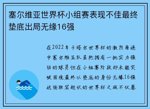 塞尔维亚世界杯小组赛表现不佳最终垫底出局无缘16强 塞尔维亚世界杯小组赛表现不佳最终垫底出局无缘16强